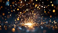 Bright sparks and golden bokeh lights create magical atmosphere against dark background. Glowing particles scatter from central light source in spectacular display.