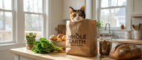 Tabby cat sitting in paper grocery bag surrounded by fresh vegetables, whole grain bread, and organic products on kitchen counter with bright windows and natural light.