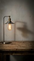 Vintage brass table lamp with Edison bulb on wooden desk against textured wall, casting warm glow for interior design and home decor projects.