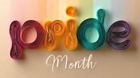 Colorful quilled paper lettering spells out pride month in vibrant rainbow colors against soft gradient background, showcasing handcrafted typography art style.