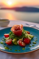 Fresh salad with prosciutto rose, cherry tomatoes and cucumber on turquoise plate against sunset ocean view. Elegant restaurant presentation with pesto drops.
