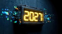 Futuristic digital display showing glowing 2027 numbers with circuit board design and blue particle effects for technology presentations.