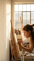 Young woman artist painting on canvas in bright sunlit studio with easel and art supplies for creative workspace and artistic hobby concepts.