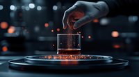 Gloved hand sprinkling red powder into transparent container on dark background with glowing bokeh lights, creating dramatic scientific laboratory atmosphere.