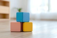 Colorful wooden blocks in pastel blue, pink and yellow stacked on light wooden surface against soft blurred background, minimal composition for childhood concepts.