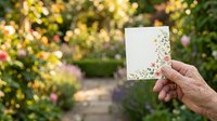 Senior woman's hand holding blank white card with floral corner design against blurred garden background with blooming flowers and green foliage, suitable for greeting cards and seasonal marketing.