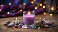 Purple candle glowing warmly surrounded by healing crystals, dried flowers and lavender sprigs on rustic wooden surface with soft bokeh lights background.