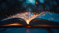 Open book with magical glowing sparkles and light emerging from pages against dark background, creating mystical atmosphere for fantasy and education concepts.