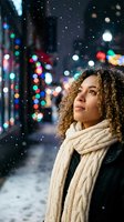 Young mixed-race woman with curly hair wearing knit scarf looking up at falling snow on city street with colorful bokeh lights during winter evening.