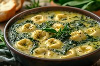 Creamy tortellini soup with fresh spinach and herbs in rustic ceramic bowl. Rich broth garnished with parsley creates warming comfort food for cold weather meals.
