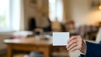 Person holding blank white business card in office environment with wooden desk and blurred background, suitable for corporate branding and professional networking materials.