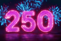 Glowing pink neon number 250 against dark background with blue fireworks display and reflective surface creates festive celebration atmosphere.