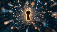 Glowing keyhole silhouette with radiating light beams and bokeh particles against dark background creates magical atmosphere for security concepts.