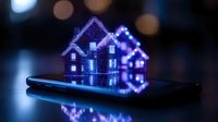 Glowing purple holographic houses emerging from smartphone screen with bokeh background, futuristic real estate technology concept for digital property market.