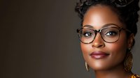 Young African American woman with glasses and gold earrings against dark background, showcasing elegant style and confident expression.