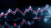 Glowing red and blue financial chart line graph showing market volatility with bokeh light effects on dark background, dramatic stock market visualization.