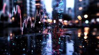 Financial market data visualization with glowing stock charts and city lights reflected on wet surface, creating modern urban nighttime atmosphere with bokeh effects.