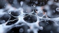 Macro photography of water drops forming delicate crown-like shapes with connecting liquid bridges against dark background, creating abstract pattern of surface tension.