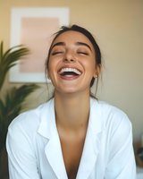 Young Asian woman with sincere laughter wearing white shirt, natural makeup, and casual updo hairstyle against blurred interior background with houseplant and wall art.