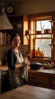 Smiling middle-aged woman in apron cooking in warm rustic kitchen with wooden shelves, vintage bottles, and natural window light for homestyle recipes.