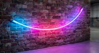Vibrant neon light curve glowing in blue and pink colors against rustic brick wall creating modern artistic atmosphere for interior design projects.