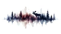 Watercolor forest landscape with moose silhouette in misty wilderness scene. Pine trees and fog create atmospheric nature composition for outdoor adventure designs.