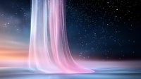 Ethereal waterfall of light cascading from starry night sky, glowing in pink and blue hues against misty horizon, creating magical atmospheric scene.