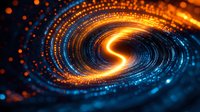 Glowing spiral of orange and blue light particles creating dynamic swirl effect against dark background, abstract digital art for technology concepts.