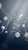 Abstract white geometric shapes connected by glowing lines on dark blue background, representing network, data connection, technology and digital communication for web design and business concepts.