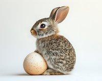 Small gray bunny rabbit sitting next to large brown speckled egg on white background, isolated studio shot for Easter holiday designs and spring season concepts.