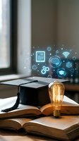 Digital education concept with graduation cap, glowing lightbulb on open books and floating tech icons representing online learning and innovation.