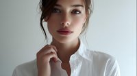Young Caucasian woman with natural makeup and updo hairstyle wearing white button-up shirt against neutral background. Professional portrait.