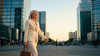 Caucasian woman in cream business suit holding leather briefcase standing in modern urban plaza surrounded by glass skyscrapers during golden hour, professional corporate environment.