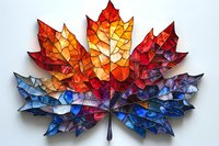 Vibrant maple leaf artwork featuring geometric fragments transitioning from fiery orange-red to deep blue tones, displayed on white background. Creative autumn season design.