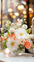 Elegant floral arrangement with white poppies and coral ranunculus in glass vase on white tablecloth, soft bokeh lights create romantic atmosphere for wedding reception.