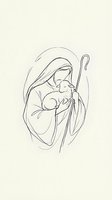 Minimalist line art of Virgin Mary holding baby Jesus with shepherd staff, continuous single line drawing style for religious Christmas nativity designs.