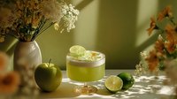 Refreshing green apple cocktail with lime and ice in elegant glass, surrounded by fresh fruit and dried flowers in soft natural light.