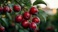 Fresh ripe red cherries growing on tree branch with green leaves in garden, natural organic fruit harvest in soft evening sunlight background.
