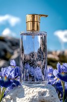 Glass bottle with gold pump dispenser surrounded by purple iris flowers on white rock against blue sky background, luxury skincare concept.