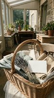 Cozy sunroom interior with wicker basket containing dried lavender bundles and linen fabric, rustic farmhouse style home decor with natural lighting and plants.