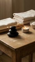 Spa wellness setup with hot stones, towels and candle on wooden table creating peaceful atmosphere for massage therapy and relaxation treatments.