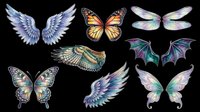Colorful wings clipart set featuring angel, butterfly, fairy, and dragon wings isolated on transparent background. Great for stickers, t-shirt design, and print on demand.