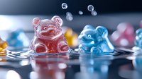 Colorful gummy bears with water droplets in macro photography, showing translucent candy texture with soft bokeh effect in background, creative food photography.