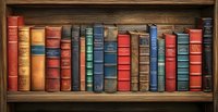 Colorful vintage books with red, blue, and brown leather bindings arranged on wooden bookshelf, creating nostalgic library atmosphere.