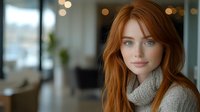 Young woman with long red hair wearing cozy knit sweater smiling at camera. Natural soft bokeh background in modern interior setting creates warm atmosphere.