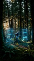 Futuristic runner with holographic data displays exercising in dense forest with sunlight filtering through trees for fitness technology concepts.