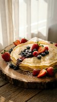 Stack of golden crepes topped with fresh strawberries, blueberries, and berry compote on a rustic wooden board, dusted with powdered sugar.