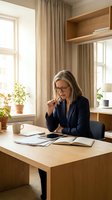 Middle-aged woman with gray hair and glasses wearing dark blazer sitting at wooden desk in bright home office, reviewing documents and planning work projects.