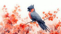 Watercolor style gray and orange bird perched on branch with coral pink cherry blossom flowers in soft spring atmosphere, artistic nature illustration.