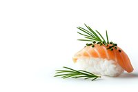 Fresh salmon nigiri sushi with rice, chives and black sesame seeds on white isolated background, minimalist Japanese cuisine presentation.